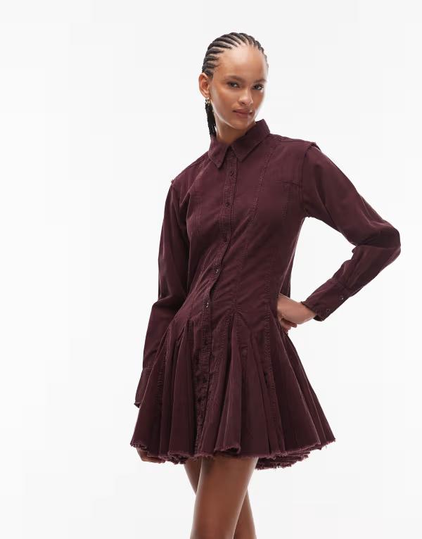 エイソス レディース トップス 衣装 プルオーバー衣装 コール天 プルオーバー ASOS DESIGN corduroy shirt dress with nipped インチ waist and godets インチ washed Washed Burgundy バーガンディ