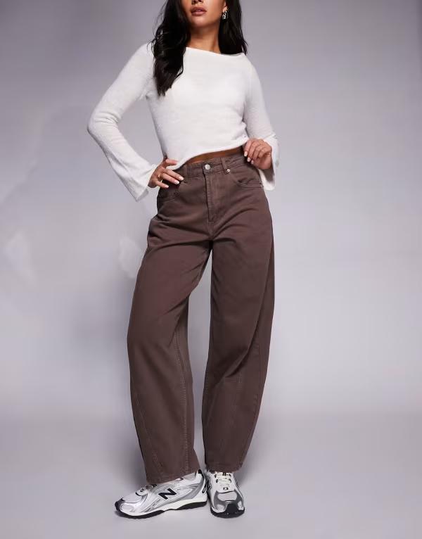 エイソス レディース ボトムス デニムパンツ ウエストマーク ジーンズ ASOS DESIGN barrel leg jeans with paneling and cinched waist in washed BROWN ブラウン