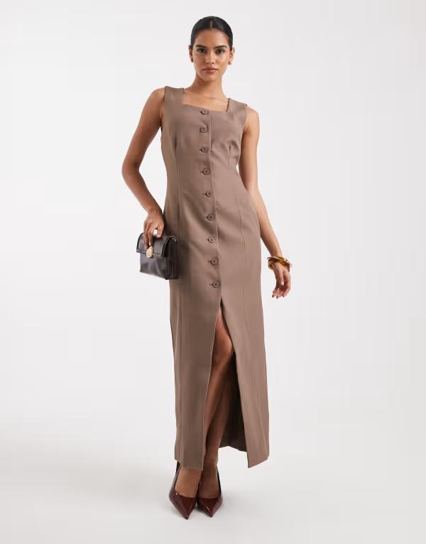ヴェロモーダ レディース トップス ワンピース ミディワンピース ミディ Vero Moda square neck button front tailored midi dress in light Pine Bark MELANGE ブラウン|ReVida 店