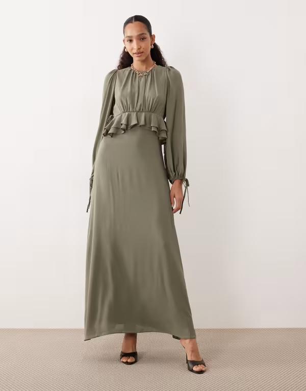 エイソス レディース トップス ワンピース マキシワンピース フリル マキシ ASOS DESIGN ruffle waist maxi dress khaki カーキ