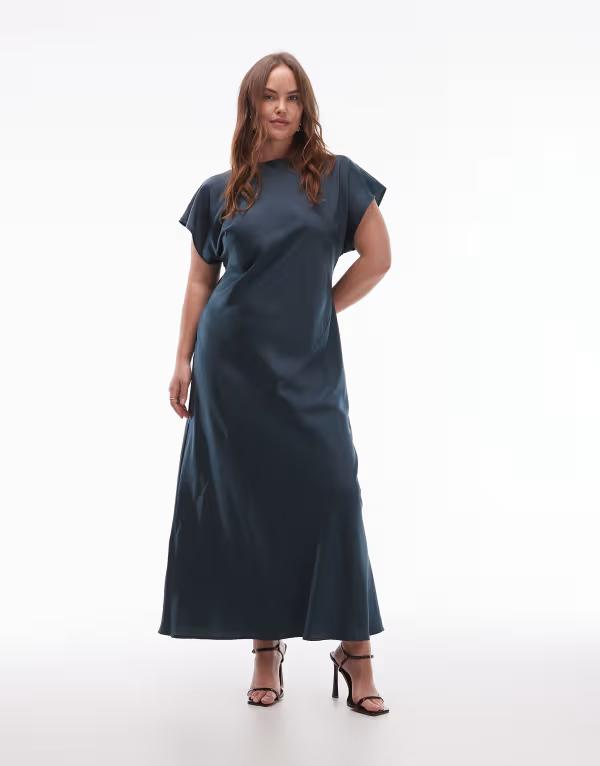 エイソス レディース トップス ワンピース サテン キャップ マキシ ASOS Curve ASOS DESIGN Curve cap sleeve seam detailing satin maxi slip dress GREEN グリーン