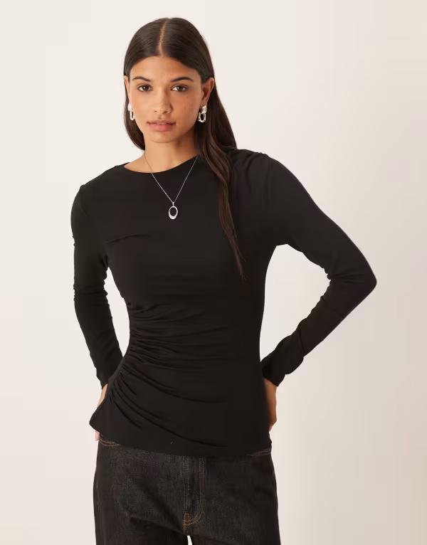 エイソス レディース トップス Tシャツ ギャザー コットン ASOS DESIGN cotton ruched long sleeve top Black ブラック