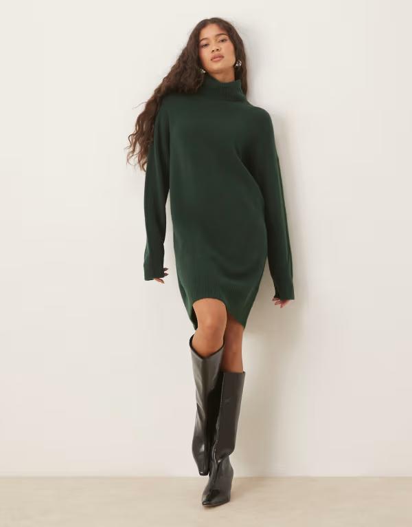 マンゴ レディース トップス ワンピース ニット Mango knit soft touch roll neck dress in dark DARK GREEN グリーン|ReVida 店