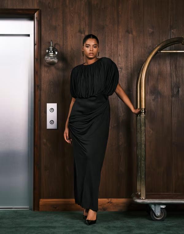 エイソス レディース トップス 衣装 マキシ衣装 マキシ ASOS Curve ASOS DESIGN Curve quarterback shoulder maxi dress with exposed corset black 黒いこと