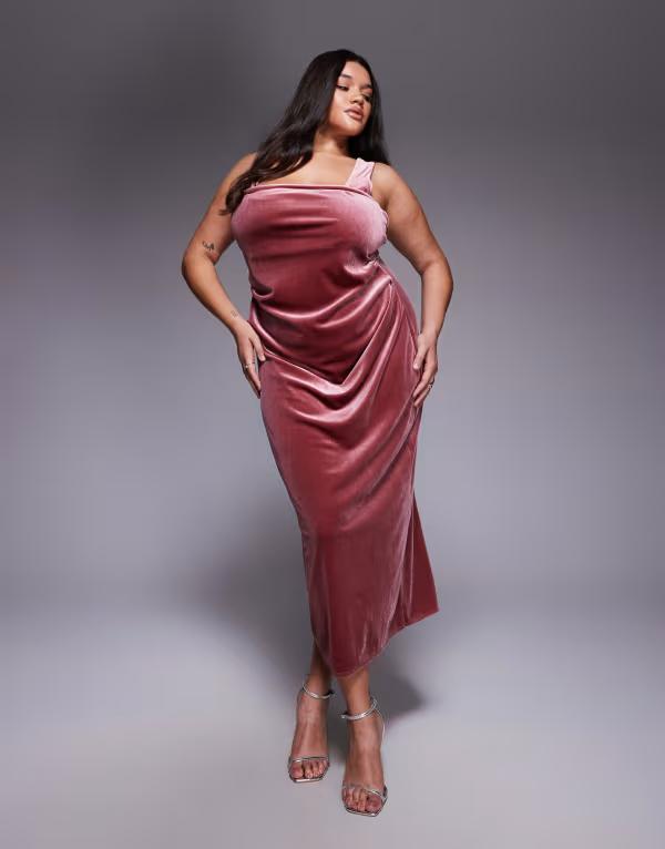 エイソス レディース トップス 衣装 midi衣装 midi 天鵞絨 ASOS Curve ASOS DESIGN Curve velvet curved neckline MIDI dress with slit インチ rose pink サクラ色