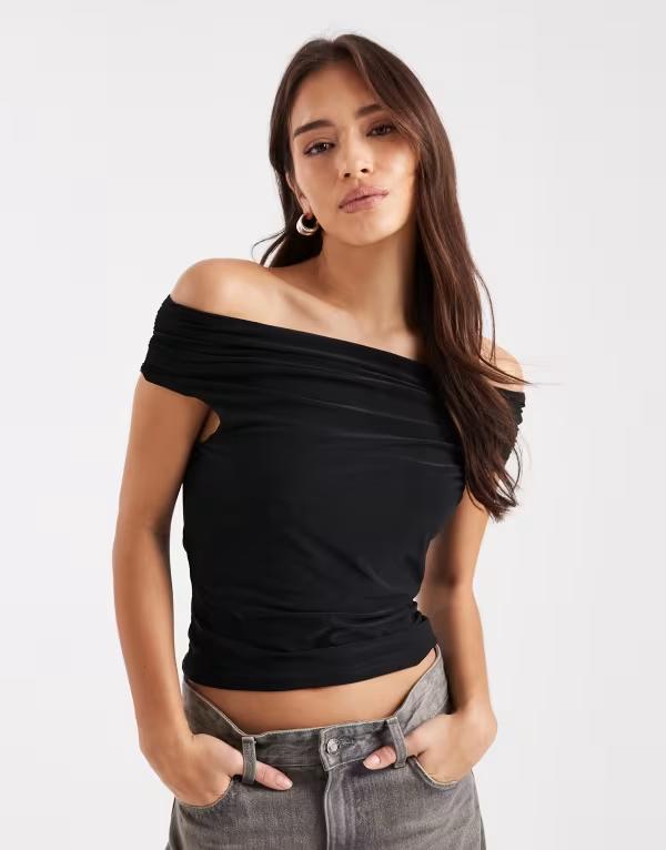 エイソス レディース トップス シャツ ギャザー ASOS DESIGN slinky ruched bardot top Black ブラック
