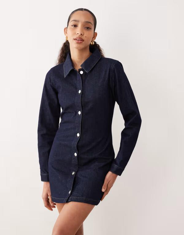 エイソス レディース トップス ワンピース シャツワンピース シャツ デニム ASOS DESIGN fitted denim shirt dress with long sleeves in indigo INDIGO インディゴ|ReVida 店