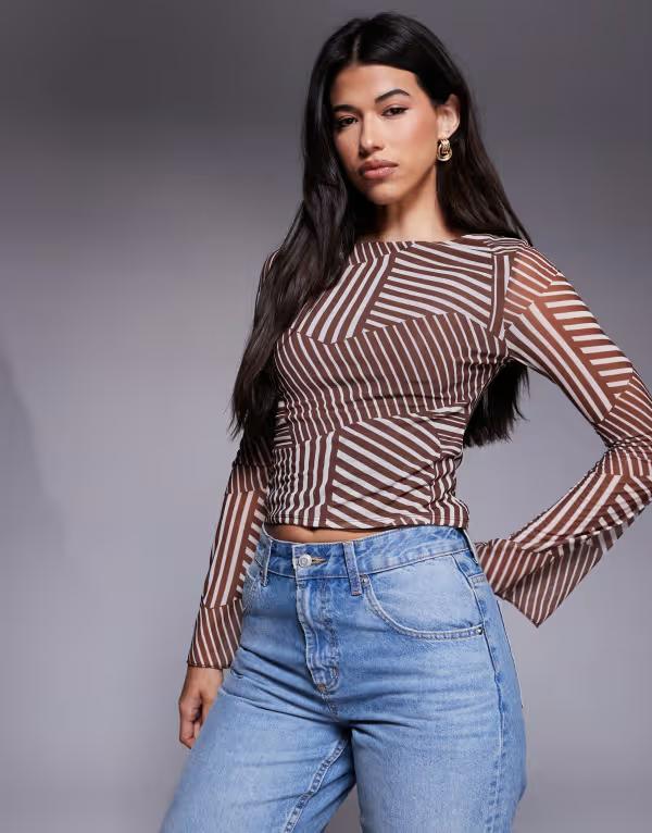 エイソス レディース トップス シャツ プリント メッシュ ASOS DESIGN mesh boat neck flared sleeve top stripe print brown stripe print ブラウン