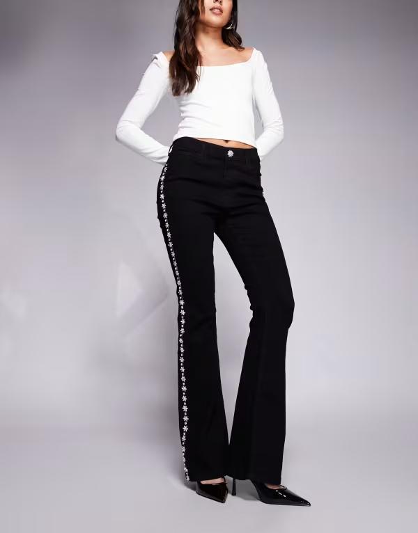 リバーアイランド レディース ボトムス ジーンズズボン下 ブーツ撥ね除ける ブーツ デニム River Island embellished bootcut flared jeans Black 黒いこと レディースファッション-ボトムス