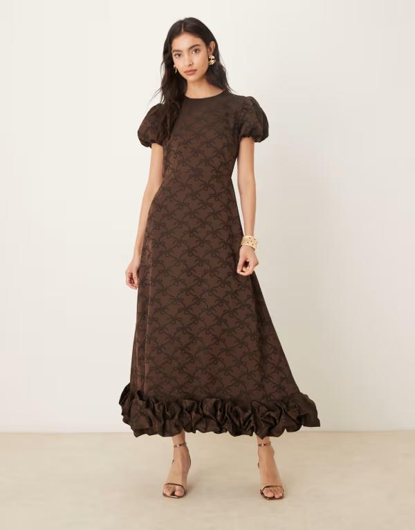 ベビージュン レディース トップス 衣装 フラウンス裾 刷り上げる フラウンス Sister Jane puff sleeve ruffle hem midaxi dress インチ chocolate bow print Chocolate 黒茶 ワンピース-レディースファッション