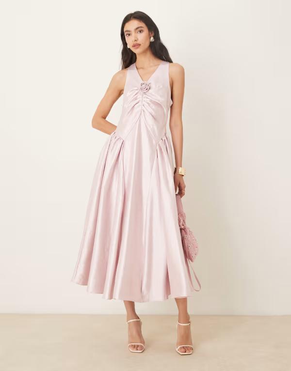 シスタージュン レディース トップス ワンピース ノースリーブ Sister Jane Muse sleeveless taffeta midaxi dress with corsage detail and hip pleats in blush PINK ピンク