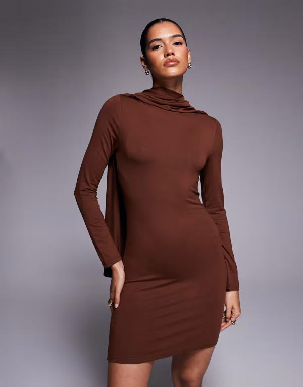 エイソス レディース トップス 衣装 ミニ衣装 ミニ ASOS DESIGN scarf detail bodycon mini dress CHOCOLATE BROWN 赤銅色