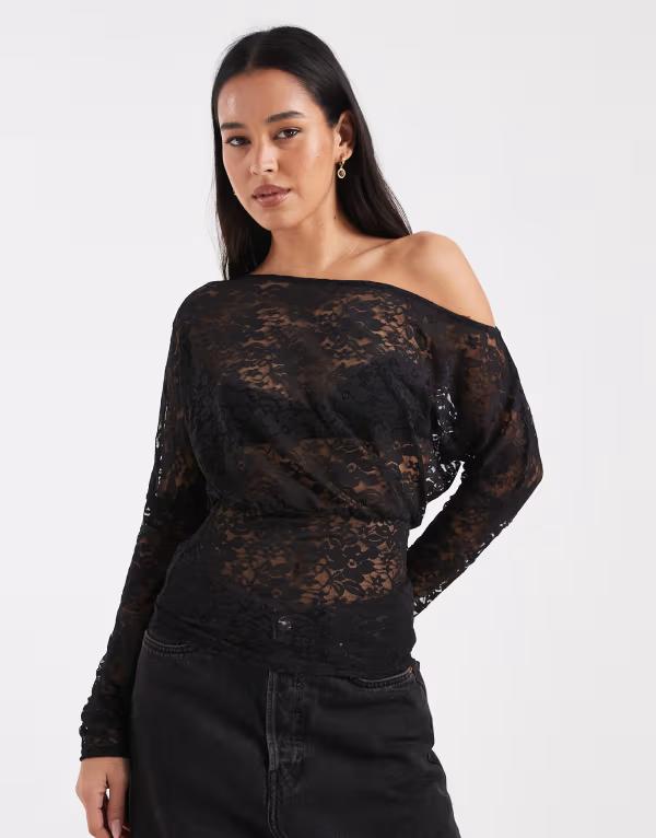 コルージョン レディース トップス ティーシャツ スピード競技 COLLUSION off the shoulder fold over top lace Chocolate 黒茶 トップス-Tシャツ・カットソー-レディースファッション