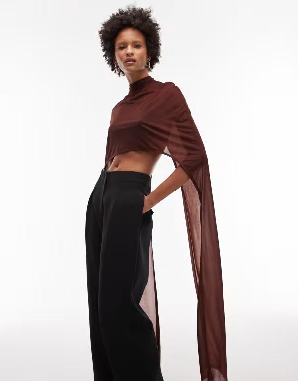 エイソス レディース トップス Tシャツ ケープデザイン メッシュ キャップ ケープ ASOS DESIGN floor length mesh cape top Brown ブラウン