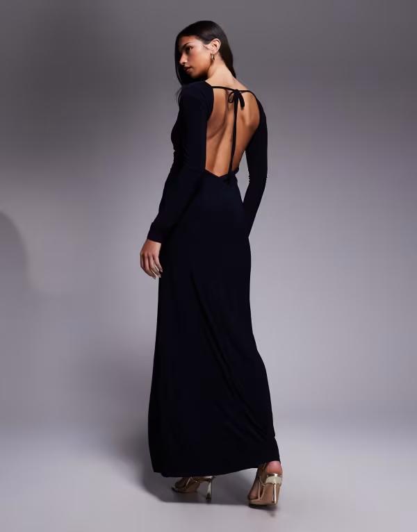 エイソス レディース トップス ワンピース マキシワンピース マキシ ASOS DESIGN plunge long sleeve twisted maxi dress NAVY ネイビー｜ReVida 店