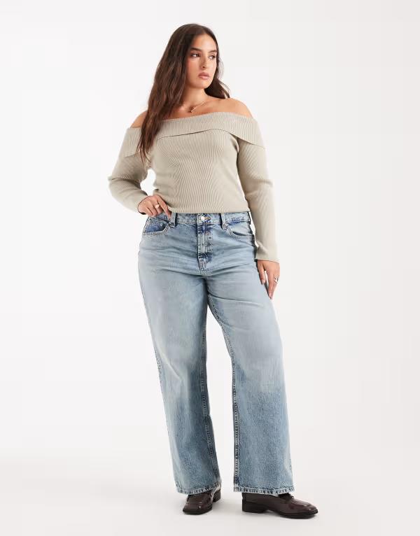 エイソス レディース ボトムス デニムパンツ ワイドレッグ ヴィンテージ ジーンズ ASOS Curve ASOS DESIGN Curve wide leg dad jeans in light vintage wash Circular Design Collection Light Vintage