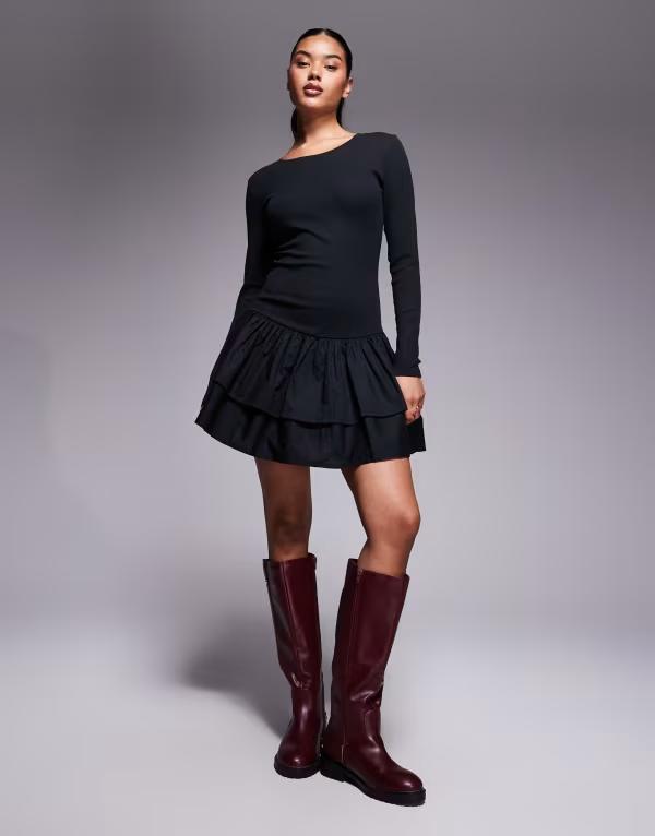 エイソス レディース トップス 衣装 ミニ衣装 肋筋 ミニ スコート ASOS DESIGN ribbed mini dress with woven skirt Black 黒いこと