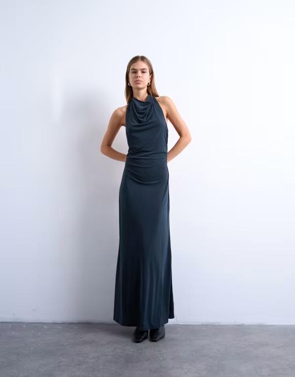 トップショップ レディース トップス ワンピース マキシワンピース マキシ Topshop cupro open cowl back maxi dress in charcoal Charcoal gray チャコール