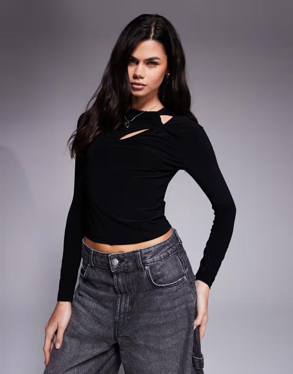 エイソス レディース トップス シャツ ASOS DESIGN long sleeve top with cut outs Black ブラック