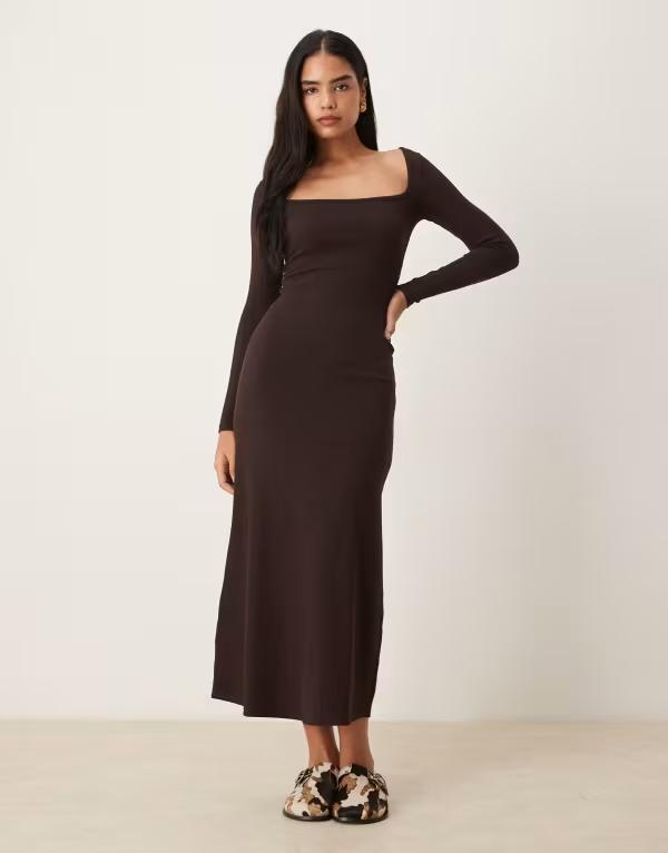 エイソス レディース トップス ワンピース マキシワンピース リブ マキシ ASOS DESIGN ribbed square neck maxi dress in chocolate Choc チョコレート