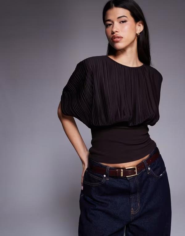 エイソス レディース トップス Tシャツ ウエストマーク プリーツ ASOS DESIGN pleated cinched waist top in chocolate Brown ブラウン