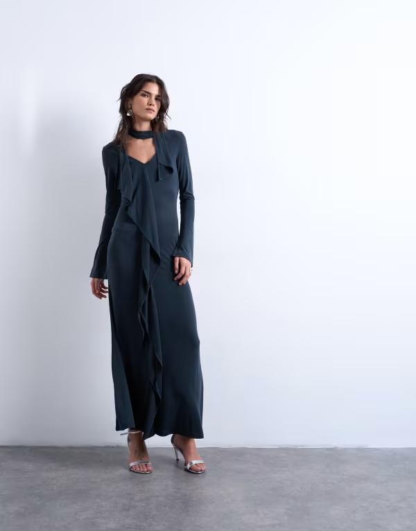 トップショップ レディース トップス ワンピース マキシワンピース フリル マキシ Topshop cupro scarf detail ruffle maxi dress in charcoal CHARCOAL チャコール