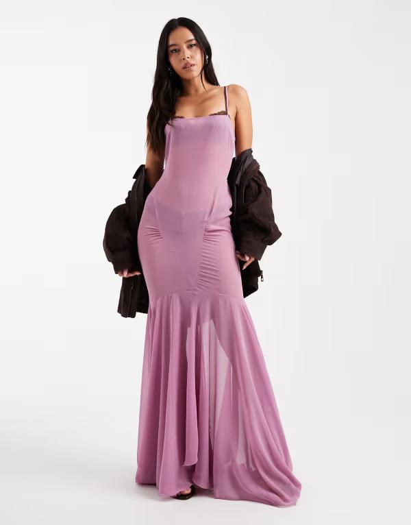 エイソス レディース トップス ワンピース シフォン マキシワンピース マキシ ASOS DESIGN chiffon cut about seam detailing maxi dress in lilac Lilac ライラック｜ReVida 店