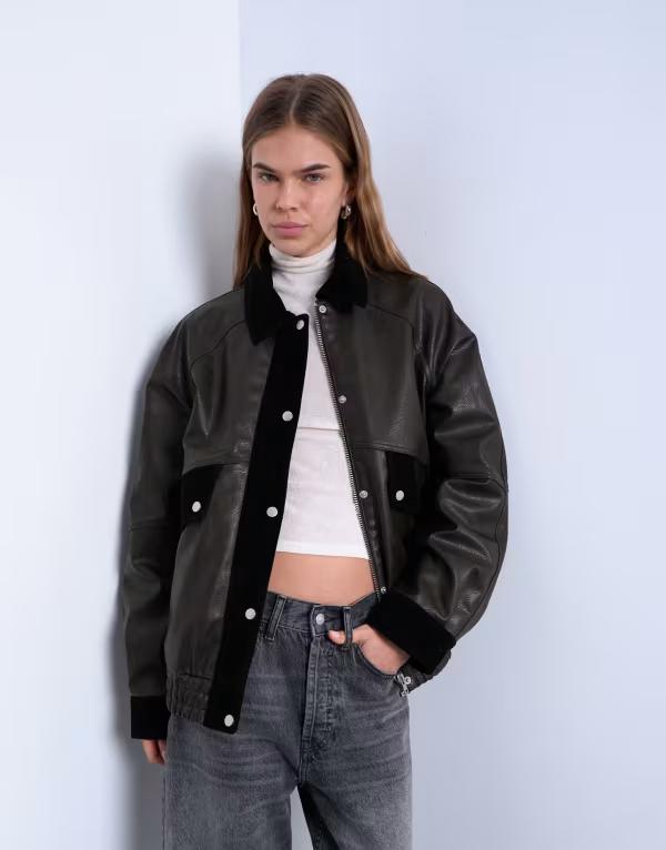 とっ始め販売店 レディース アウター 上衣・上衣 スエードクロス 対照 なめし革 フェイクレザー 上衣 Topshop faux leather patch pockets jacket with faux suede contrast brown 赤銅色
