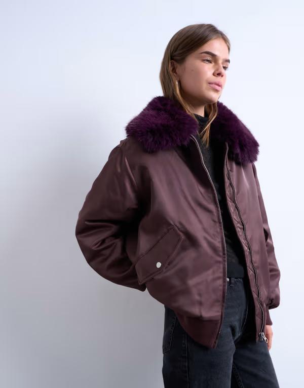 トップショップ レディース アウター ジャケット・ブルゾン ナイロン ジャケット Topshop nylon bomber jacket with faux-fur collar red レッド 22,960円