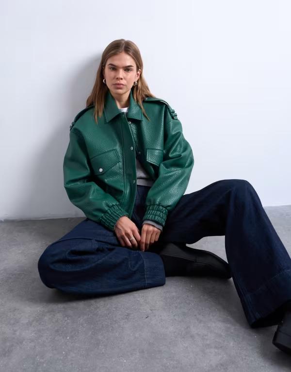 トップショップ レディース アウター ジャケット・ブルゾン ジャケット Topshop bubble PU 80s bomber jacket in dark Dark green グリーン