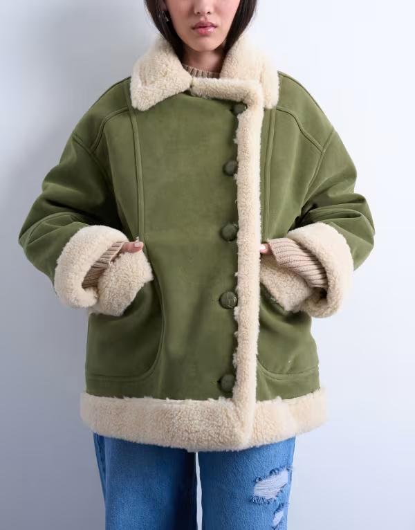 トップショップ レディース アウター コート スエード Topshop faux suede faux shearling oversized car coat in olive OLIVE GREEN グリーン
