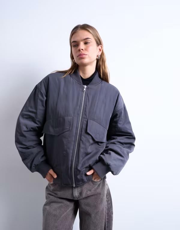 トップショップ レディース アウター ジャケット・ブルゾン リブ ジャケット Topshop ribbed bomber jacket in slate Slate スレート