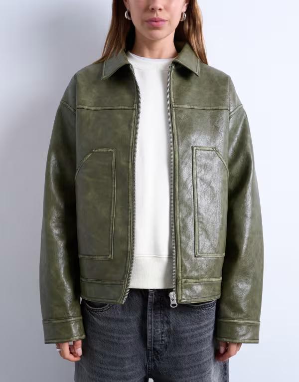 トップショップ レディース アウター ジャケット・ブルゾン レザー フェイクレザー ジャケット Topshop faux leather zip up jacket with patch pockets in washed washed green グリーン｜ReVida 店