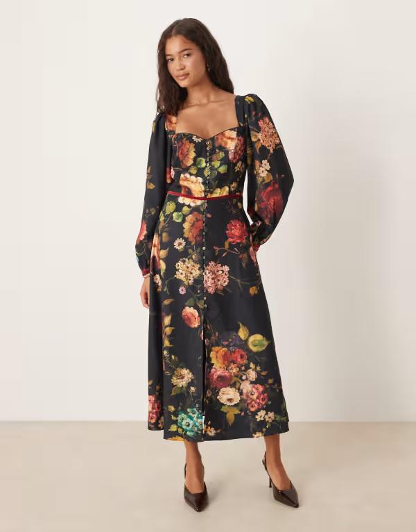 ホープ＆アイビー レディース トップス ワンピース オープンバック フラワー柄 ミディ フラワー Hope & Ivy button front midi day dress with open back in teal floral Teal ティール