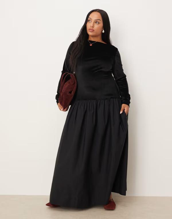 エイソス レディース トップス ワンピース マキシワンピース ベルベット スカート マキシ ASOS Curve ASOS DESIGN Curve velvet hybrid maxi dress with poplin skirt in midnight Midnight black ブラック