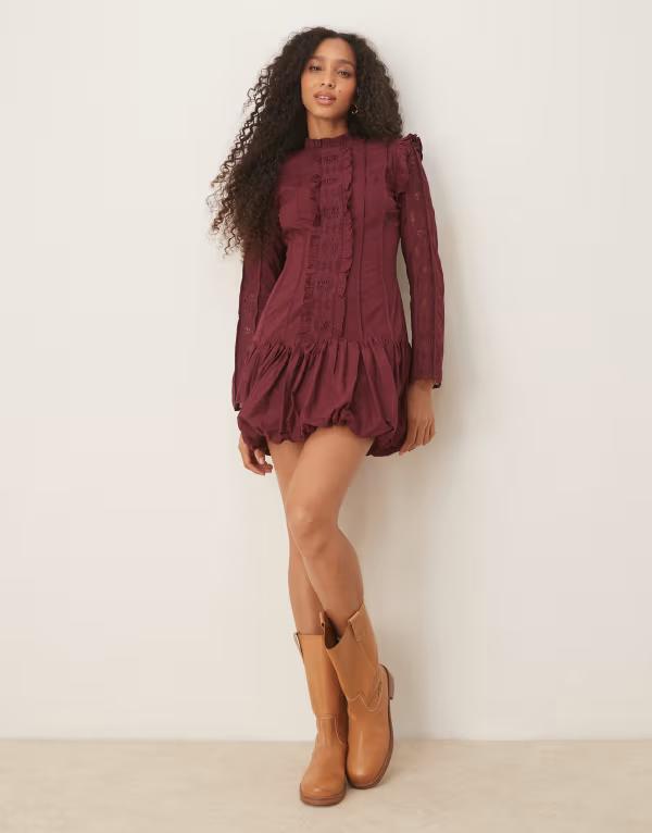 エイソス レディース トップス 衣装 ハイネック ミニ衣装 フラウンス ミニ スコート ASOS DESIGN high neck drop waist mini dress with ruffles and puff skirt インチ mulberry Mulberry