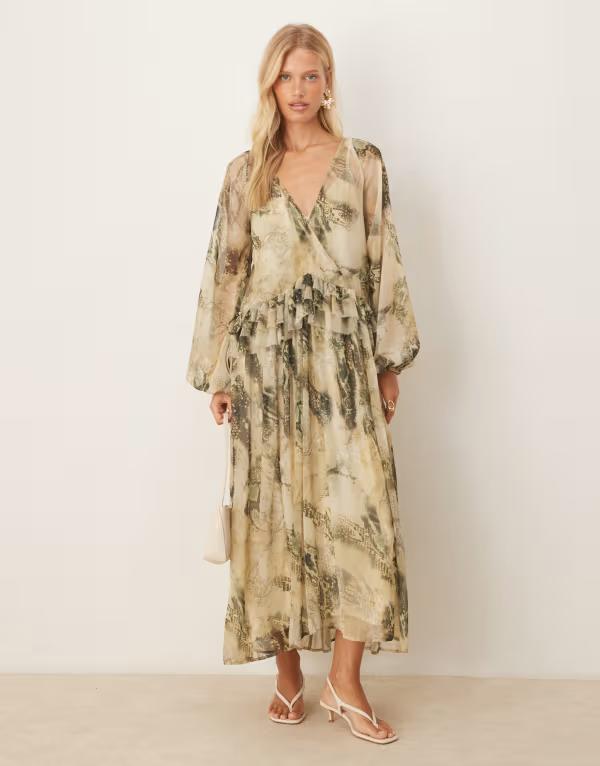 エイソス レディース トップス ワンピース Vネック ミディワンピース プリント フリル ミディ ASOS DESIGN v neck smock midi dress with ruffles abstract print GREEN ABSTRACT PRINT グリーン