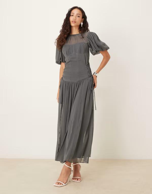 エイソス レディース トップス 衣装 シフォン ASOS DESIGN puff sleeve chiffon midaxi dress インチ charcoal Charcoal gray 濃灰色