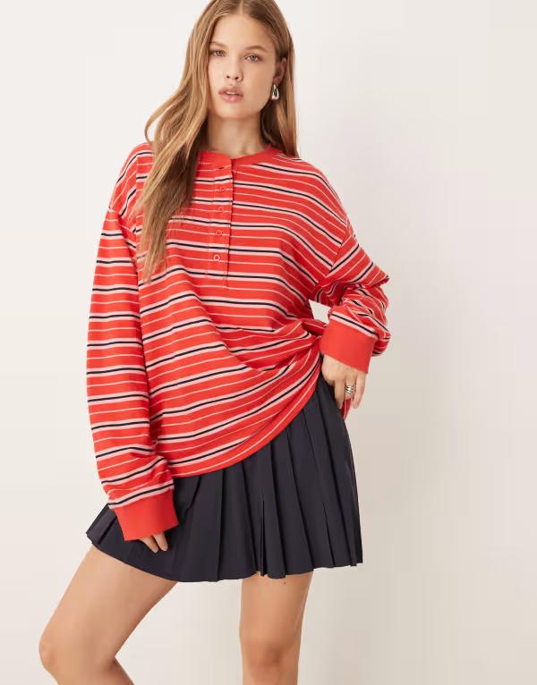 エイソス レディース トップス Tシャツ ASOS DESIGN textured stripe henley T-shirt stripe Red stripe レッド