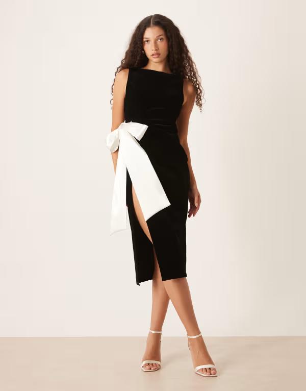 ホープ＆アイビー レディース トップス ワンピース ミディワンピース ミディ サテン コントラスト Hope & Ivy midi dress with contrast satin bow Black ブラック