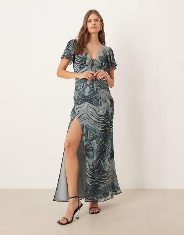 エイソス レディース トップス ワンピース プリント レース マキシ ASOS DESIGN tie front maxi tea dress with lace detail zebra print Blue Floral Print ブルー