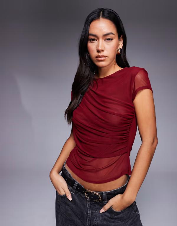 エイソス レディース トップス シャツ ドレープ メッシュ ASOS DESIGN mesh short sleeve drape front top Burgundy バーガンディ