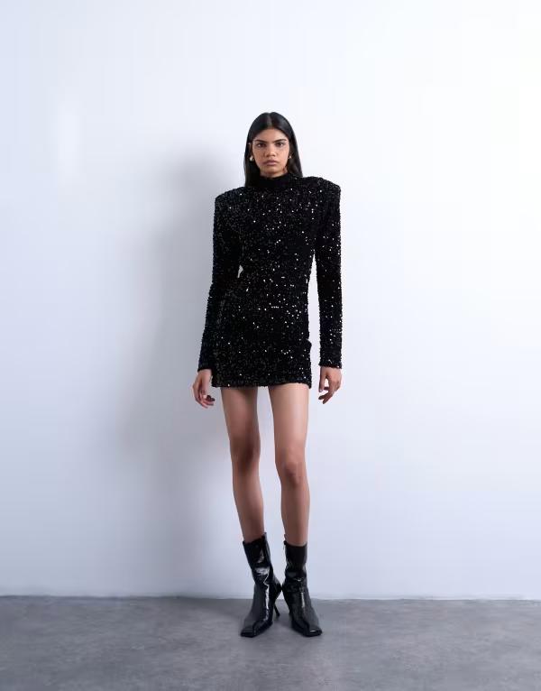 トップショップ レディース トップス ワンピース ミニワンピース ミニ ベルベット スパンコール Topshop long sleeve velvet sequin mini dress with shoulder pads Black ブラック 16,086円