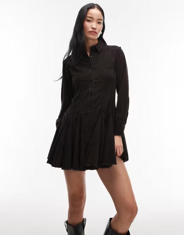 エイソス レディース トップス 衣装 プルオーバー衣装 コール天 プルオーバー ASOS DESIGN corduroy shirt dress with nipped インチ waist and godets インチ washed Washed Black 黒いこと