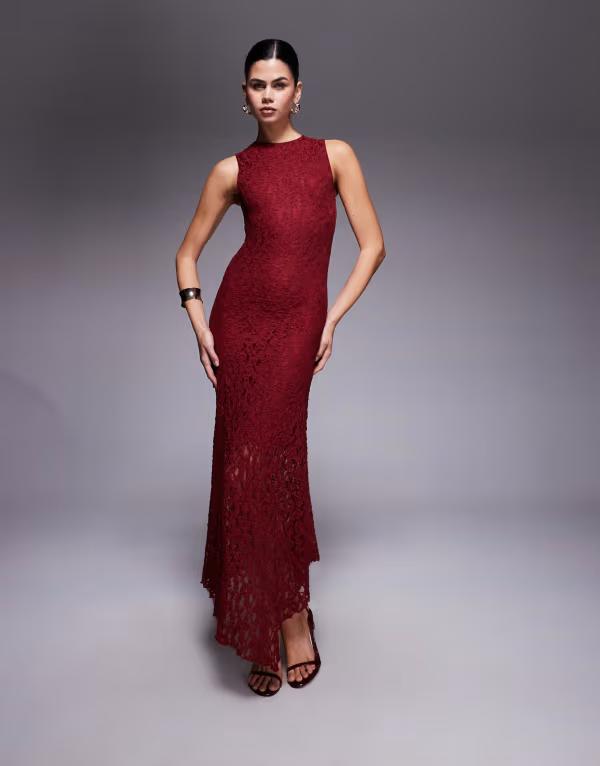 エイソス レディース トップス ワンピース ミディワンピース ミディ ノースリーブ レース ASOS DESIGN lace sleeveless column midi dress Burgundy バーガンディ