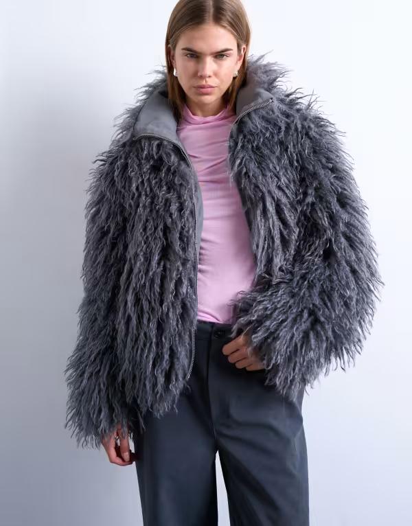 とっ始め販売店 レディース アウター 上衣・上衣 フルジップ Topshop zip through Mongolian faux fur bomber gray 薄墨色