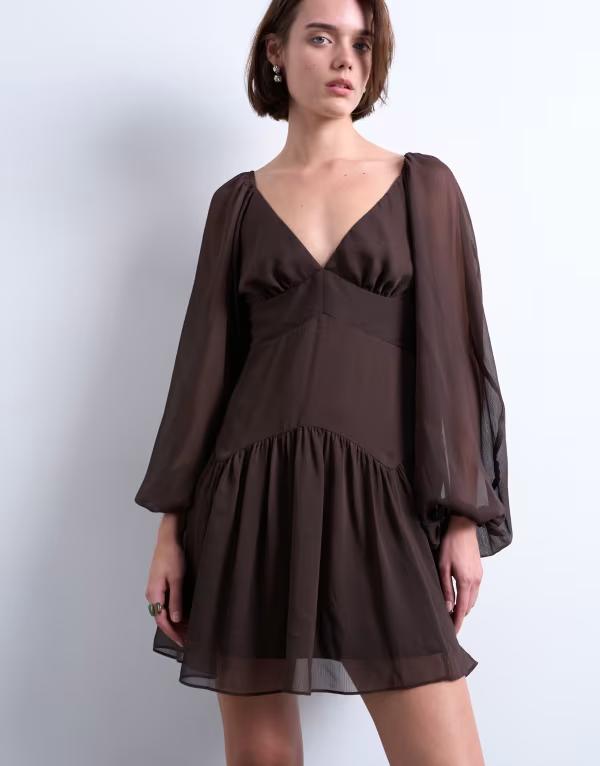 トップショップ レディース トップス ワンピース ミニ Topshop blouson sleeve mini day dress in chocolate Chocolate チョコレート|ReVida 店