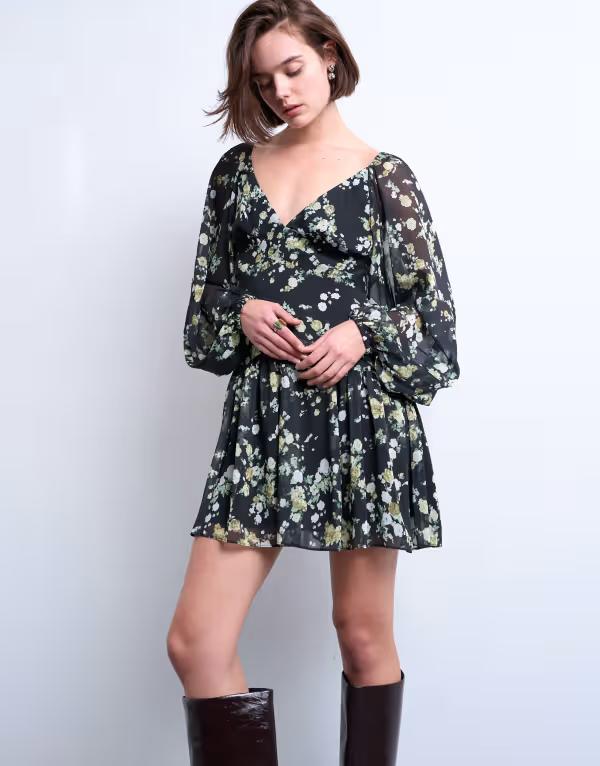 トップショップ レディース トップス ワンピース フラワー柄 ミニ フラワー Topshop blouson sleeve mini day dress in grungy floral Grungy floral｜ReVida 店