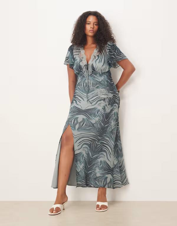 エイソス レディース トップス ワンピース ミディワンピース プリント ミディ レース ASOS Curve ASOS DESIGN Curve lace detail flutter sleeve tie front midi dress zebra print Blue Floral Print ブルー