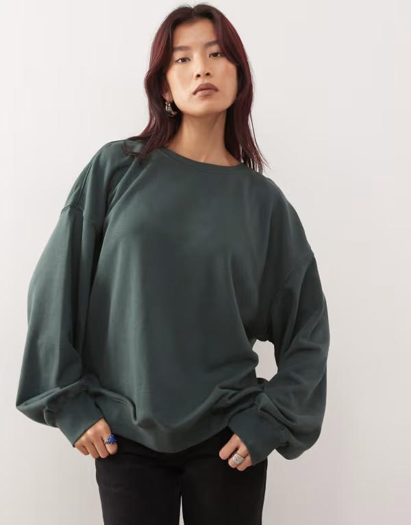 週日 レディース アウター パーカー・スウェット 流汗 プルオーバー Weekday oversized slouchy sweatshirt インチ petrol Petrol green 緑であること
